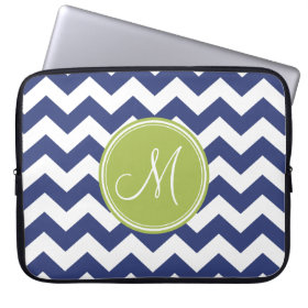 Chevron Pattern with Monogram - Navy Lime Laptop Computer Sleeves