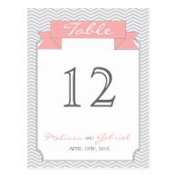 Chevron Pink and Grey Wedding Table Number Post Cards