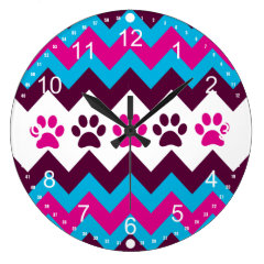 Chevron Pink Teal Puppy Paw Prints Dog Lover Gifts Wall Clock