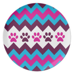 Chevron Pink Teal Puppy Paw Prints Dog Lover Gifts Dinner Plates