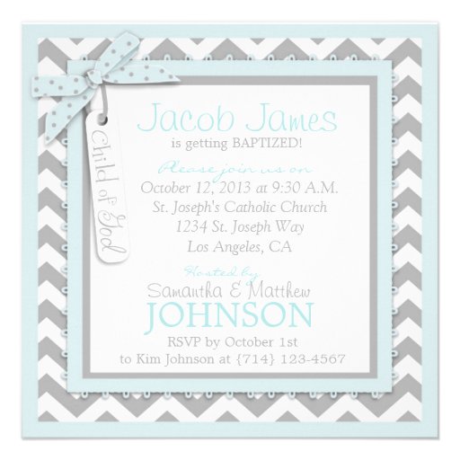 Chevron Print & Bow Tie Baptism Invitation SQ-BLGY
