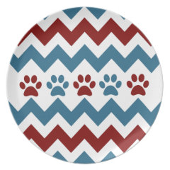 Chevron Red Blue Puppy Paw Prints Dog Lover Gifts Plates