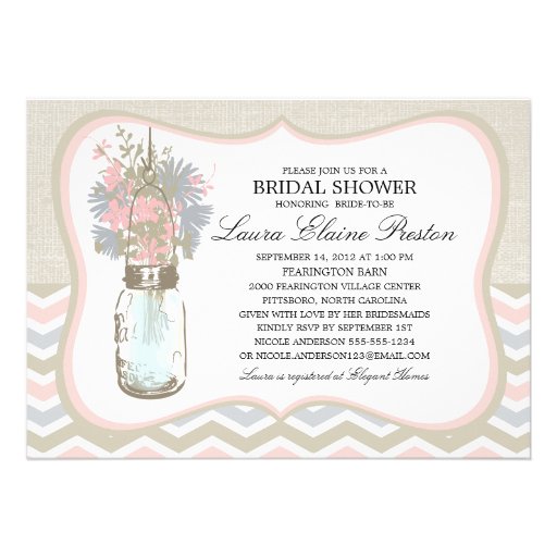 Chevron Rustic Chic Mason Jar Bridal Shower Invites