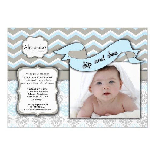 Chevron Sip And See New Baby Boy Photo Template Personalized Announcement