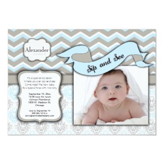 Chevron Sip And See New Baby Boy Photo Template 5x7 Paper Invitation Card
