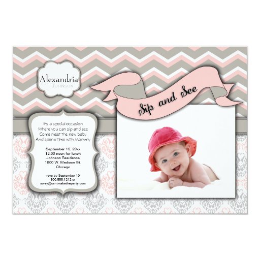 Chevron Sip And See New Baby Girl Photo Template 5x7 Paper Invitation Card Zazzle Sip And See Invitation Templates