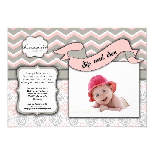 Chevron Sip And See New Baby Girl Photo Template Invites
