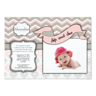 Chevron Sip And See New Baby Girl Photo Template 5x7 Paper Invitation Card