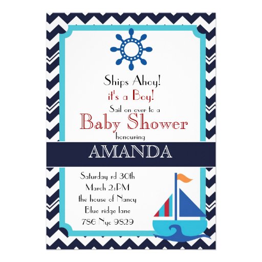 Chevron Stripes and Nautical sailboat baby shower Personalized Invitations