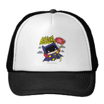 chibi batgirl, batarang, batman, grappling hook, justice league, super hero, dc comics, moon, stars, ready for action, Trucker Hat with custom graphic design