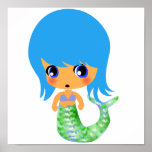 chibi magical mermaid blue hair print