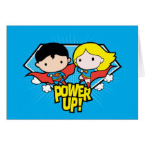 chibi superman, chibi supergirl, power up, super hero, flying, justice league, dc comics, Card with custom graphic design