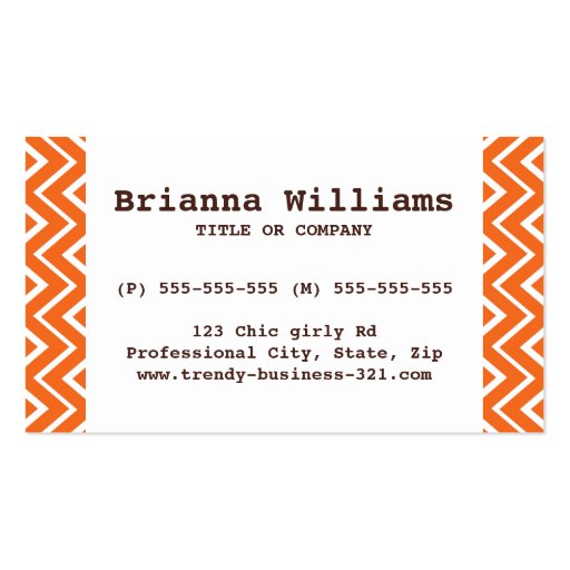 Chic and trendy whimsical orange chevron pattern business card (front side)