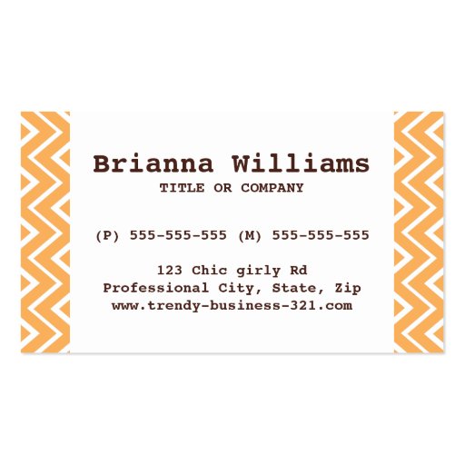 Chic and trendy whimsical orange chevron pattern business card templates (front side)