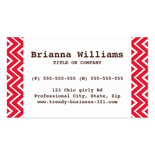 Chic and trendy whimsical red chevron pattern business card templates (front side)