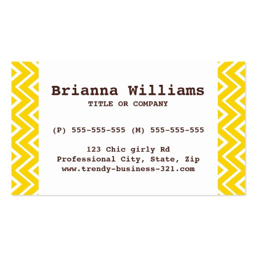 Chic and trendy whimsical yellow chevron pattern business cards (front side)