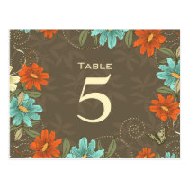 Chic aqua orange cream floral wedding table number postcard