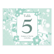 Chic aqua teal floral swirls wedding table number post card