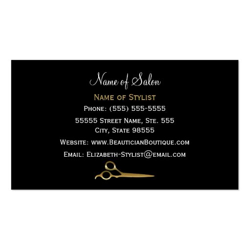 Chic Black and Gold Hair Salon White Tiger Stripes Business Cards (back side)