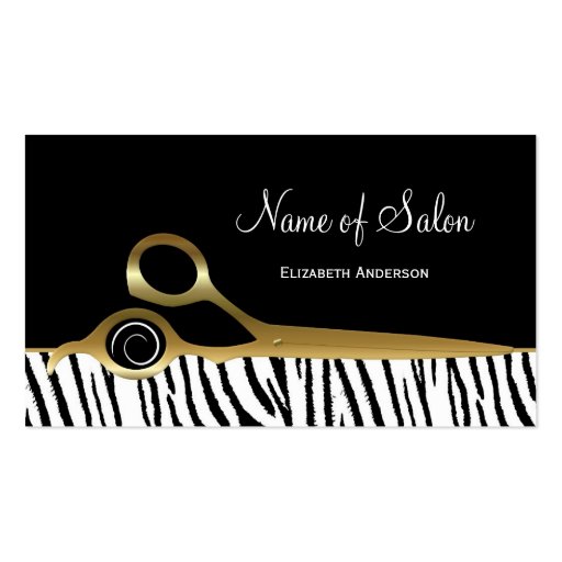 Chic Black and Gold Hair Salon White Tiger Stripes Business Cards (front side)