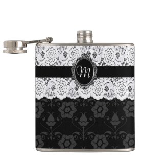 Chic Black and White Lace Monogram Flask