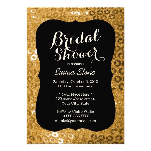 Chic Black & Gold Paillettes Bridal Shower Custom Invitations