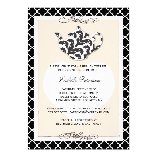 Chic Black Tan Teapot Bridal Shower Tea Party Invitations