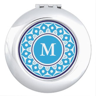 Chic Blue Floral Pattern Monogrammed Vanity Mirror