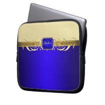 Chic Blue Gold Scroll Trendy Laptop Sleeve