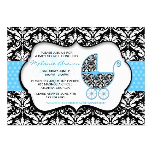 Chic Blue Polka Dot Damask Baby Shower Invite