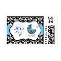Chic Blue Polka Dot Damask Baby Shower Stamps