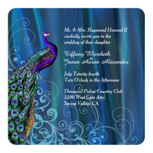 Chic Blue Satin and Peacock Wedding Invitation 5.25
