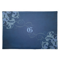 Chic Blue Scroll Blue Monogram Placemats