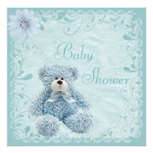 Chic Blue Teddy Baby Boy Shower Invitations