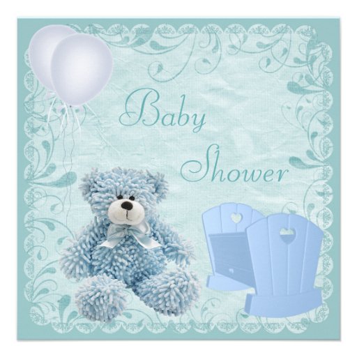 Chic Blue Teddy & Crib Baby Boy Shower Custom Invitations