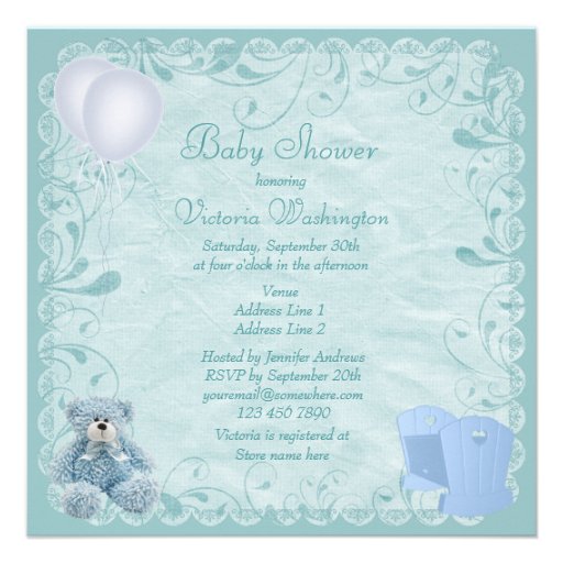 Chic Blue Teddy & Crib Baby Boy Shower Custom Invitations