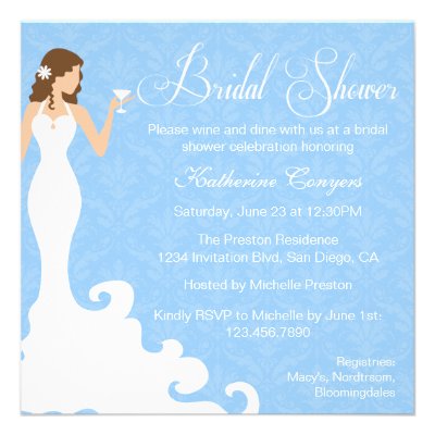 Chic Blue Wine Damask Bridal Shower Invitation