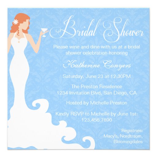 Chic Blue Wine Damask Bridal Shower Invitation