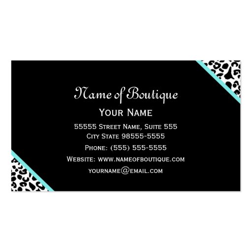 Chic Boutique Black and White Leopard Aqua Ribbon Business Card (back side)
