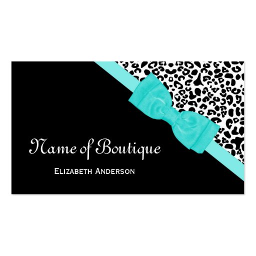 Chic Boutique Black and White Leopard Aqua Ribbon Business Card (front side)
