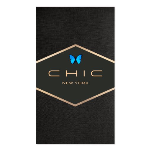 Chic Boutique Faux Black Linen Blue Butterfly Business Cards (front side)