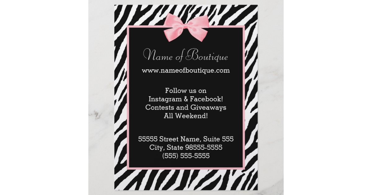 Chic Boutique Zebra Pink Bow Promotional Marketing Flyer Zazzle