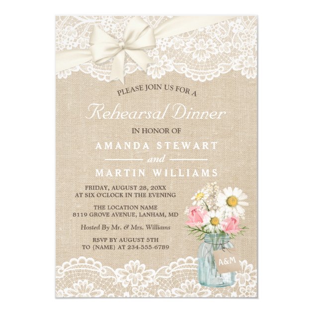 Chic Burlap Lace Floral Mason Jar Rehearsal Dinner Card (front side)