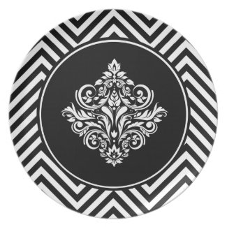 Chic Chevron with Regal Black Damask Emblem plate