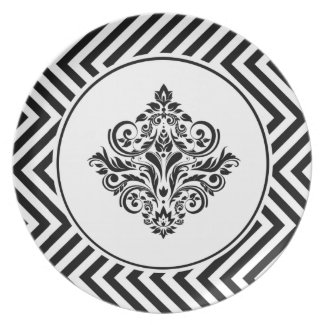 Chic Chevron with Regal White Damask Emblem plate