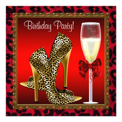 Chic Cocktail High Heel Shoes Red Leopard Birthday Custom Invites