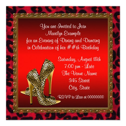Chic Cocktail High Heel Shoes Red Leopard Birthday Custom Invites