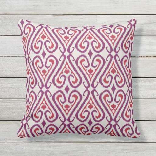 Chic colorful red and purple ikat damask patterns outdoor pillow Zazzle