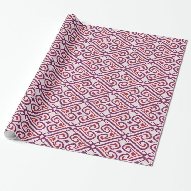 Chic colorful red and purple ikat damask patterns wrapping paper 1/4