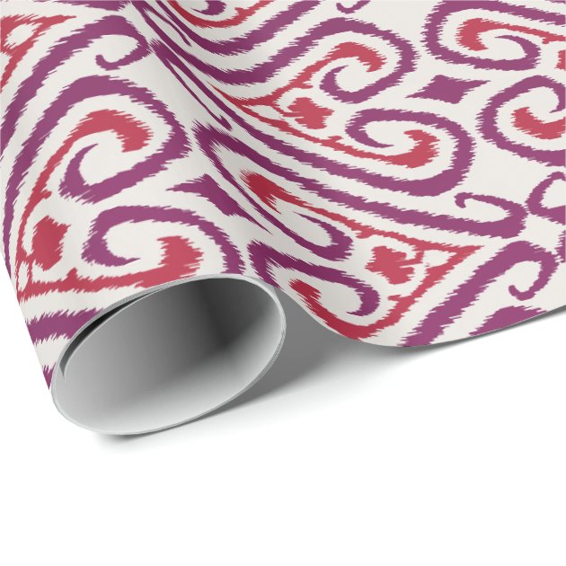 Chic colorful red and purple ikat damask patterns wrapping paper 3/4